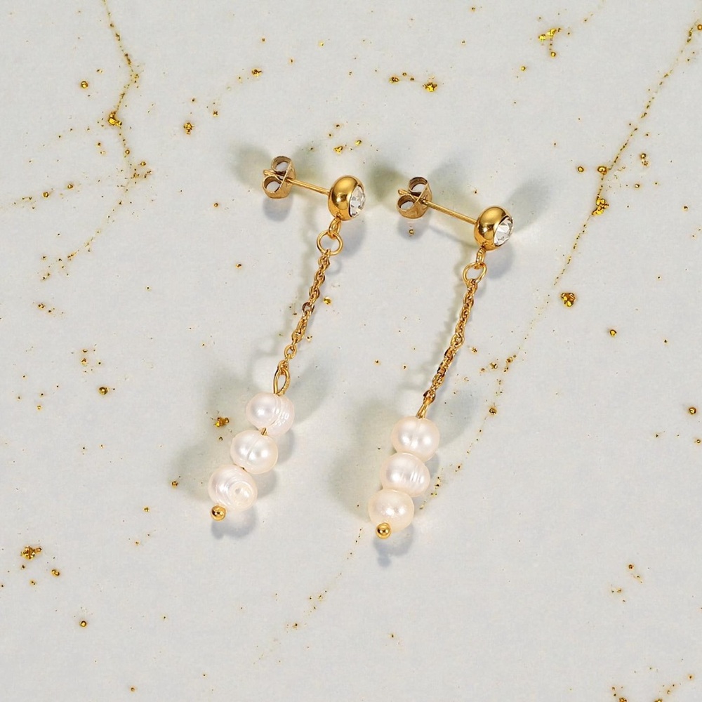 Freshwater Pearl 18k Gold Stainless Steel Linear Dangle Drop Earrings